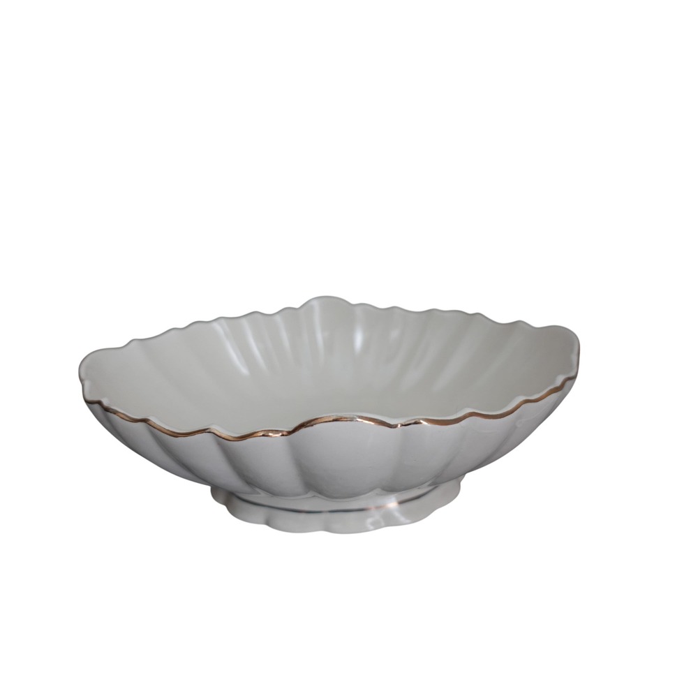 Teleflora Gift Creamy White Scalloped Bowl Gold Trim Centerpiece Decor Trinkets